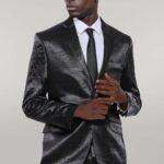 Two Piece Two Buttons Patterned Satin Black Men Suit