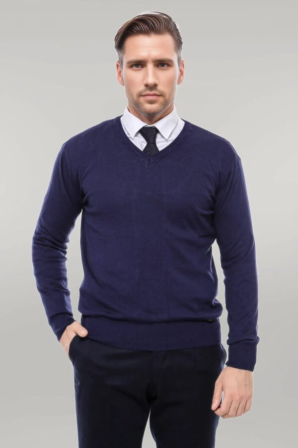 V Neck Navy Blue Men Sweater - Wessi