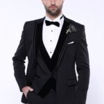 Velvet Collar Patterned Black Tuxedo | Wessi