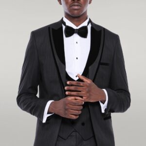 Velvet Lapel Striped Herringbone Black 3 Piece Tuxedo - Wessi