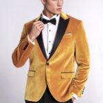 Velvet Slim Fit Yellow Men Tuxedo Jacket - Wessi