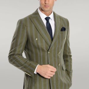 Wide Lapel Striped Double Breasted Green Men Blazer - Wessi