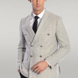 Wide Lapel Striped Double Breasted Grey Men Blazer - Wessi