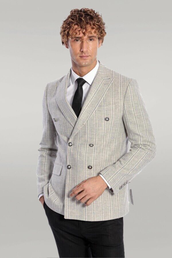 Wide Lapel Striped Double Breasted Grey Men Blazer - Wessi