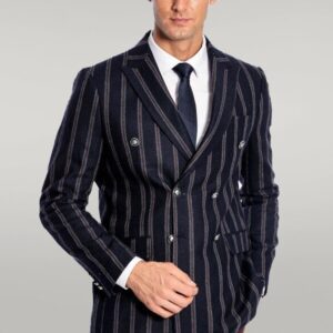Wide Lapel Striped Double Breasted Navy Blue Men Blazer - Wessi