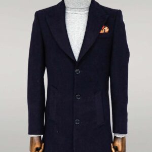 Wide Lapel Wool Navy Blue Men Coat - Wessi
