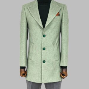 Wide Lapel Wool Oil Green Men Coat - Wessi