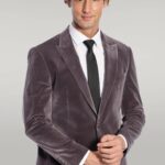 Wide Peak Lapel Single Button Velvet Grey Men Blazer - Wessi