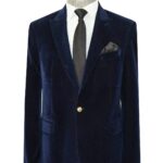 Wide Peak Lapel Velvet Navy Blue Blazer - Wessi