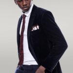 Wide Peak Lapel Velvet Navy Blue Men Blazer - Wessi