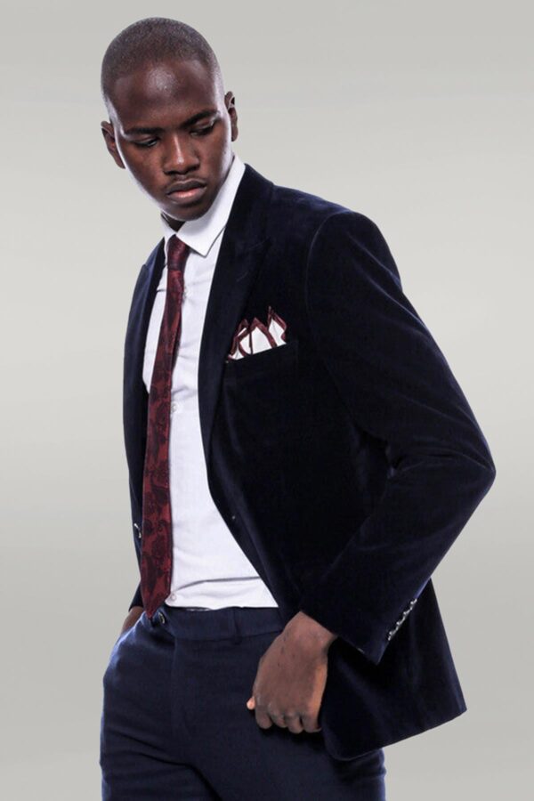 Wide Peak Lapel Velvet Navy Blue Men Blazer - Wessi