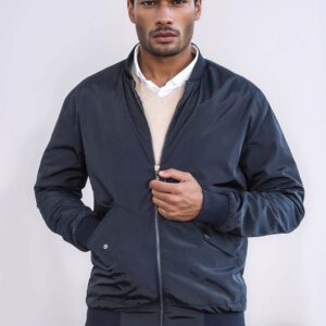 Zippered Flap Pockets Navy Blue Men Bomber Coat - Wessi