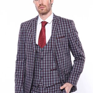 2 Button Mono Collar Plaid Suit Vest Burgundy Suit-Wessi