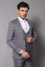 2 Button Mono Collar Plaid Suit Vest Grey Suit-Wessi