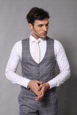 2-Button-Mono-Collar-Plaid-Suit-Vest-Grey-Suit-Wessi-2