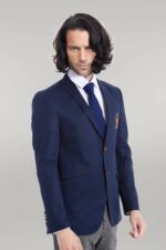 2 Buttons 3 Pockets Crested Cotton Blue Jacket