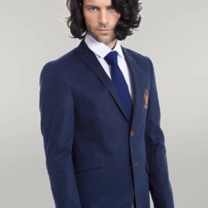 2 Buttons 3 Pockets Crested Cotton Blue Jacket - Wessi