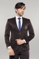 2 Buttons 3 Pockets Crested Cotton Brown Jacket