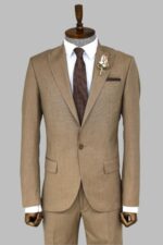 2 Piece Patterned Slim Fit Dark Beige Men Suit