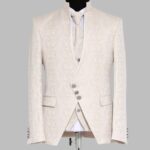 3-Piece Mandarin Collar Patterned Asymmetric Cut Ivory Men's Tuxedo - Wessi