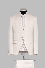 3-Piece Mandarin Collar Patterned Asymmetric Cut Ivory Men's Tuxedo