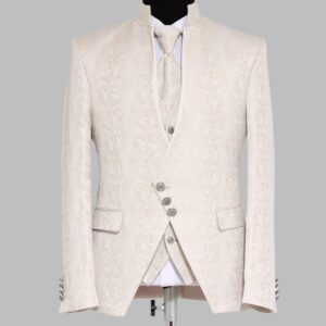 3-Piece Mandarin Collar Patterned Asymmetric Cut Ivory Men's Tuxedo - Wessi