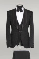 3-Piece Patterned Single Button Satin Lapel Black Men's Tuxedo with Bow Tie