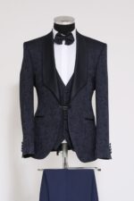 3-Piece Patterned Single Button Satin Lapel Navy Blue Men's Tuxedo with Bow Tie