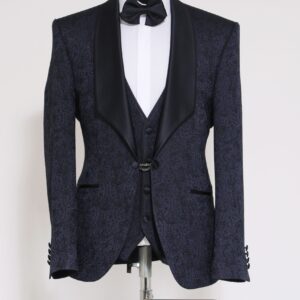 3-Piece Patterned Single Button Satin Lapel Navy Blue Men's Tuxedo with Bow Tie - Wessi