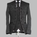 3-Piece Shiny Floral Patterned Mandarin Collar Black Men's Tuxedo with Bow Tie - Wessi