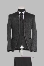 3-Piece Shiny Floral Patterned Mandarin Collar Black Men's Tuxedo with Bow Tie