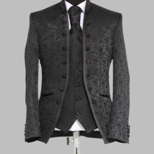 3-Piece Shiny Floral Patterned Mandarin Collar Black Men's Tuxedo with Bow Tie - Wessi