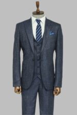 3 -Piece Single Button Peak Lapel Grey Blue Men Suit