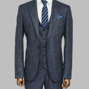 3 -Piece Single Button Peak Lapel Grey Blue Men Suit - Wessi