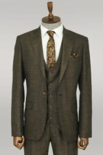3 -Piece Single Button Peak Lapel Khaki Men Suit