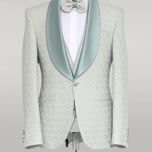3-Piece Textured Satin Lapel Green Men's Tuxedo with Bow Tie