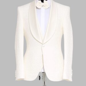 3-Piece Textured Satin Lapel Ivory Men's Tuxedo with Bow Tie - Wessi