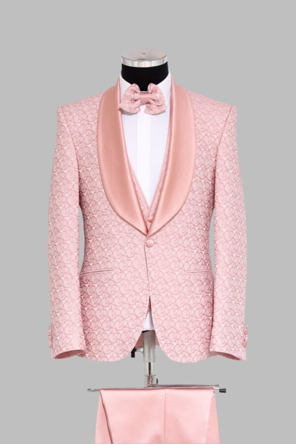 3-Piece Textured Satin Lapel Pink Men's Tuxedo with Bow Tie - Wessi