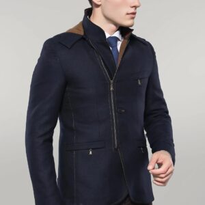 3 Pockets Hooded Zippered Wool Navy Blue Men Short Coat-Wessi