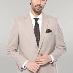 4 Drop Checked Regular Fit Beige Suit - Wessi