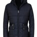 4 Pockets Hooded Zippered Quilted Navy Blue Men Down Coat