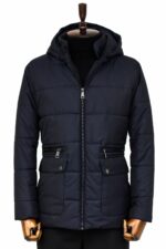 4 Pockets Hooded Zippered Quilted Navy Blue Men Down Coat