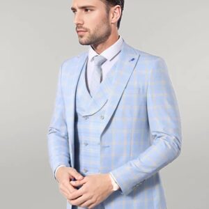 Baby Blue Checked Three Pieces Of Suit | Wessi
