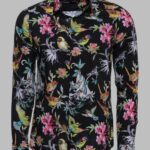 Birds And Flowers Patterned Slim Fit Long Sleeves Black Men Shirt - Wessi