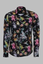 Birds And Flowers Patterned Slim Fit Long Sleeves Black Men Shirt