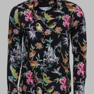 Birds And Flowers Patterned Slim Fit Long Sleeves Black Men Shirt - Wessi
