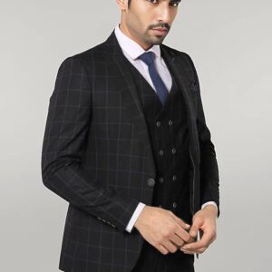Black Checked 3 Piece Linen Suit | Wessi