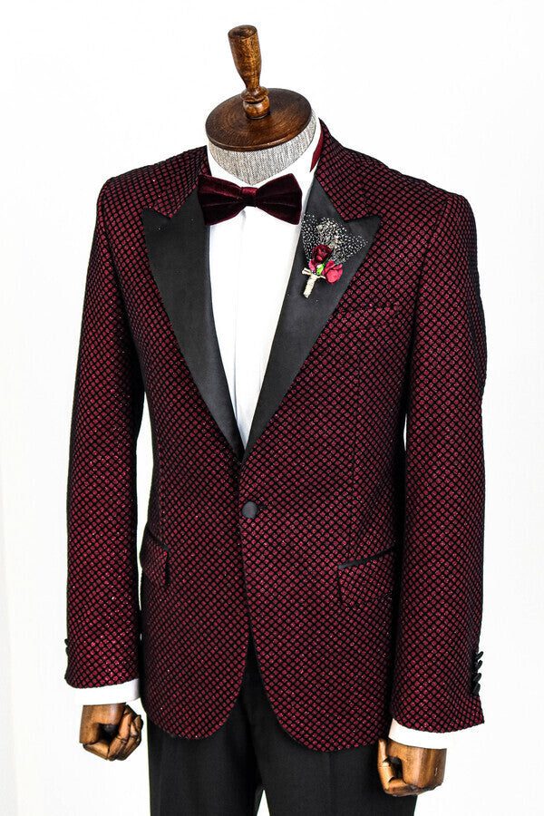 Men's One Button Modern Fit Organic Print Tuxedo Blazer in Dark Burgundy main image 0