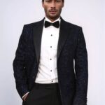 Black Patterned Over Navy Blue Men Party Blazer - Wessi
