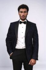 Black Patterned Over Navy Blue Men Party Blazer